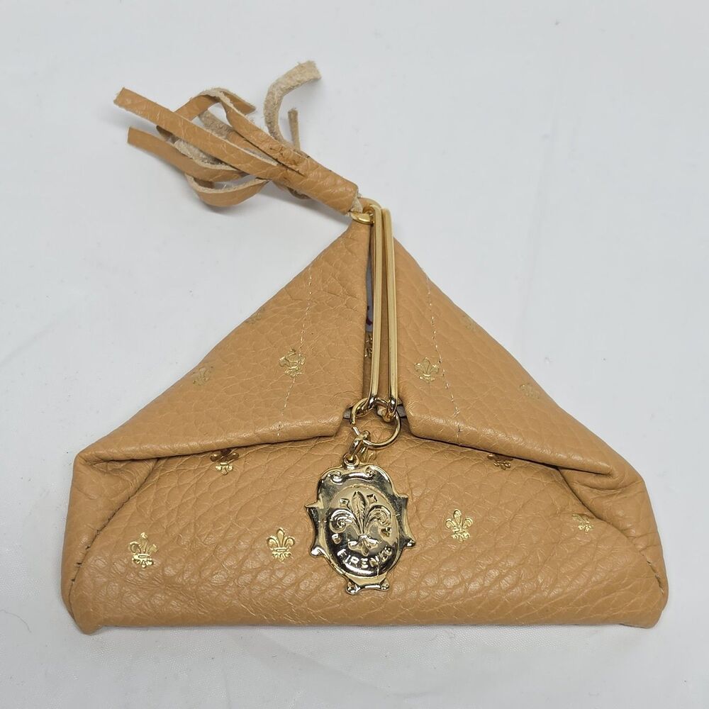 NEW Firenze Tan Gold Fleur De Lis Handcrafted Triangle Coin Purse Pouch Italy